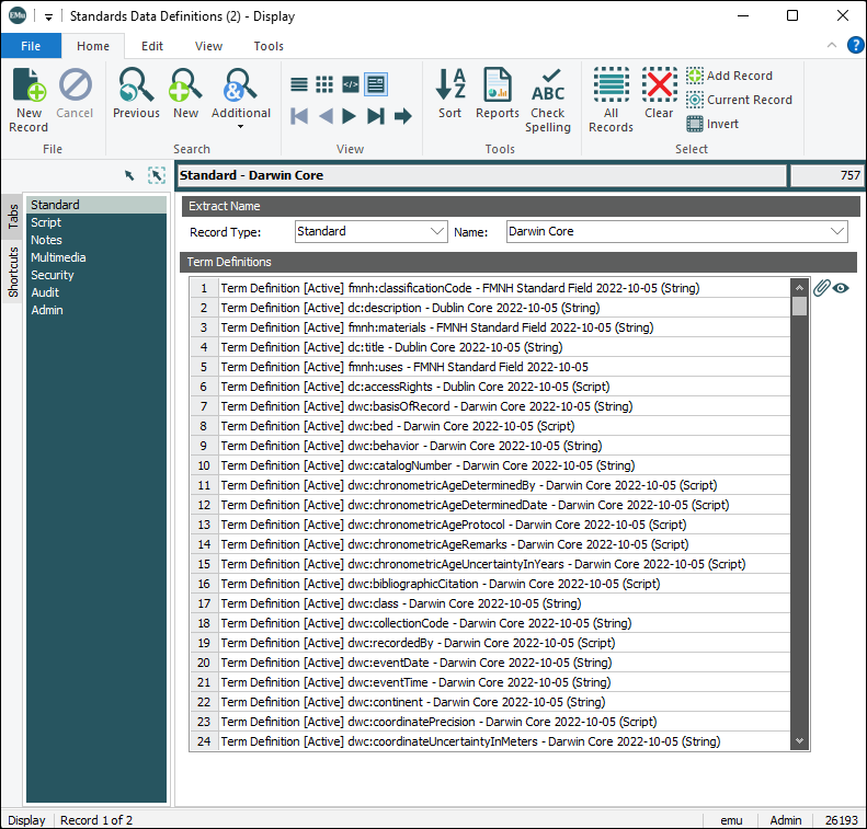 Click to enlarge Standards tab