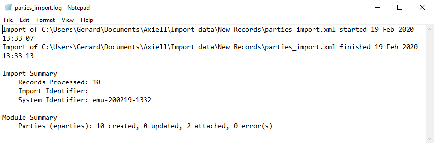 Click to enlarge Import log