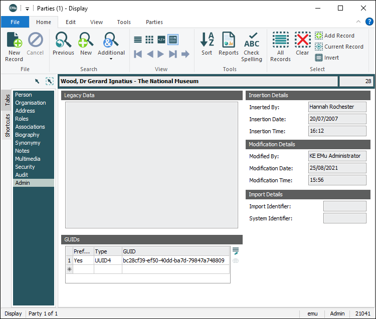 Click to enlarge Admin tab