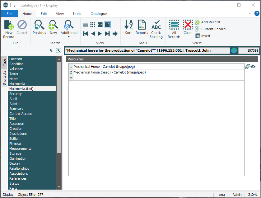 Multimedia (List) tab