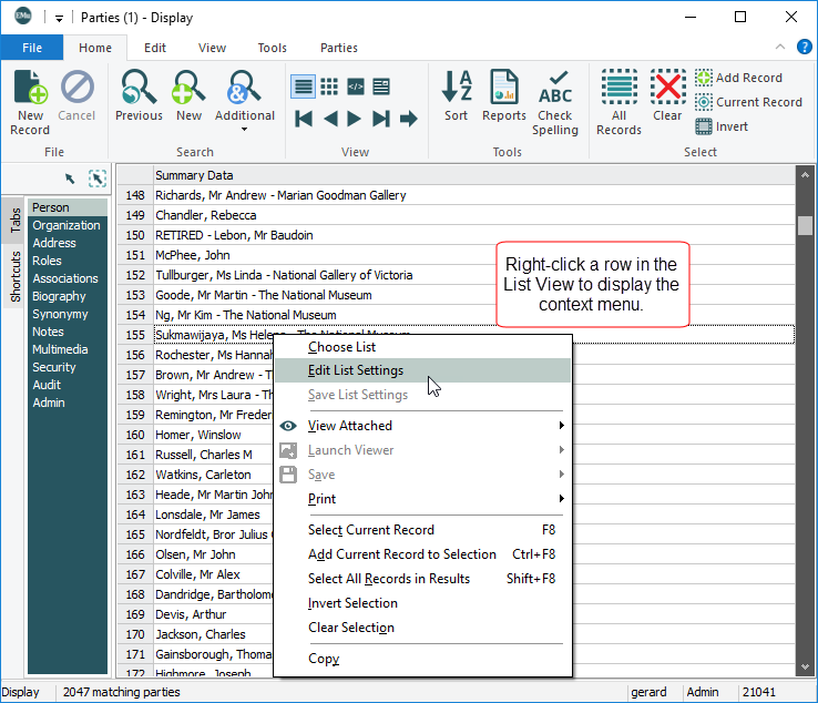 List View context menu