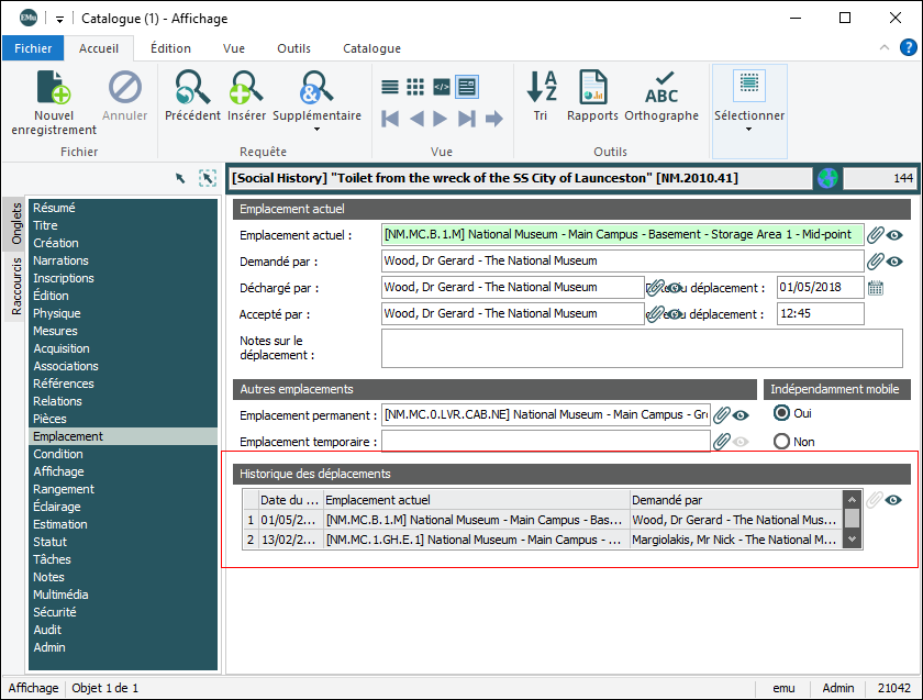 Historique d'emplacements