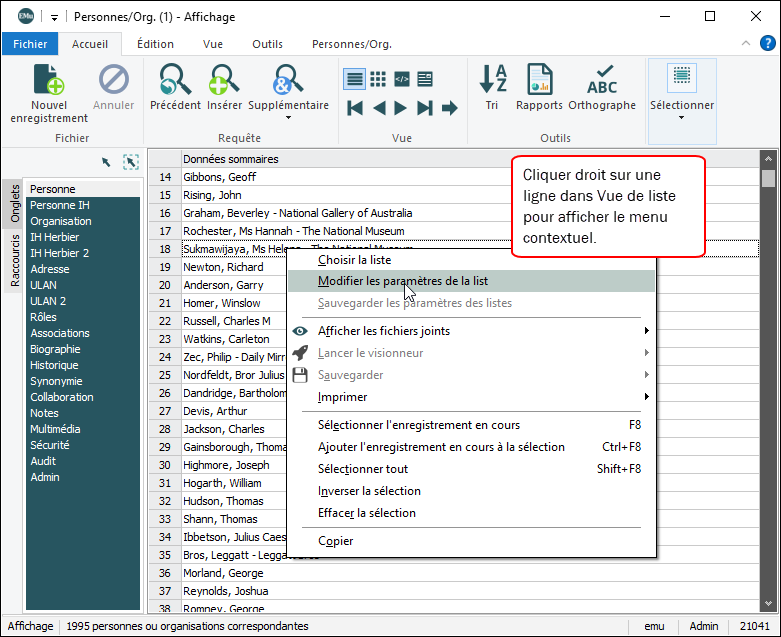 Menu contextuel de Vue de liste