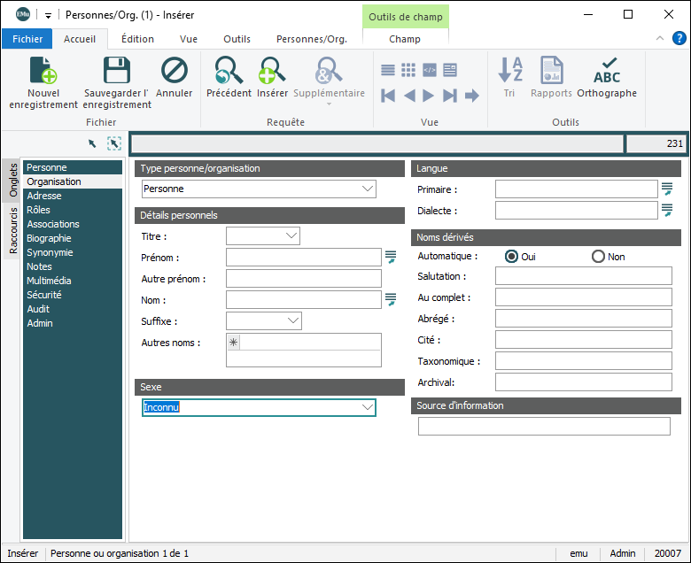 Cliquez pour agrandir Nouvel enregistrement Personnes / Org.