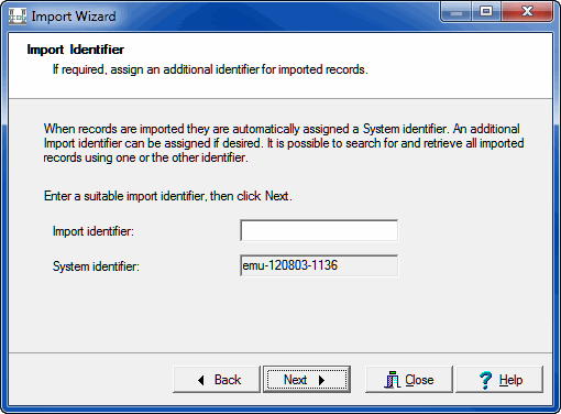 Import Identifier screen