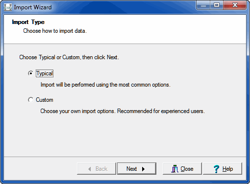 Import Type screen
