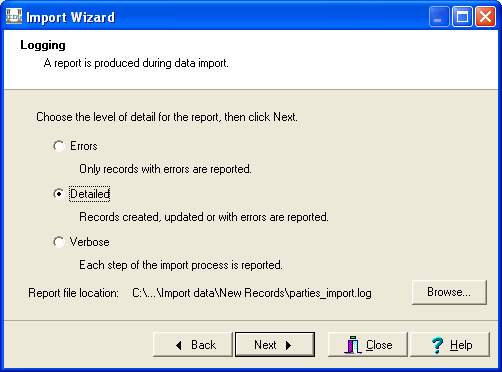 Logging screen