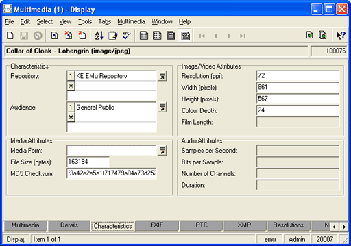 Characteristics tab