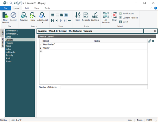 Objects tab in the Loans module