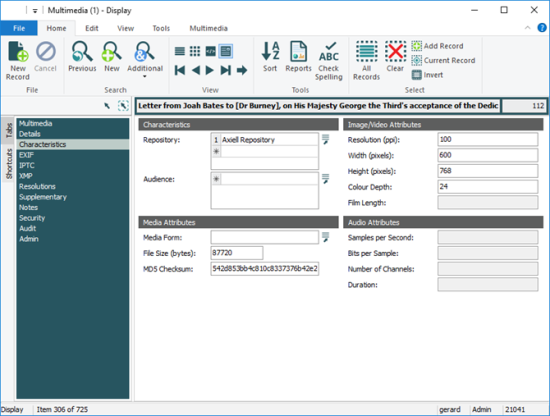 Characteristics tab