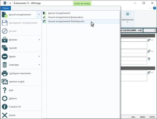 Nouveau enregistrement Prêts/Emprunts