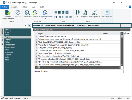 L'onglet Objets dans le module Prêts/Emprunts