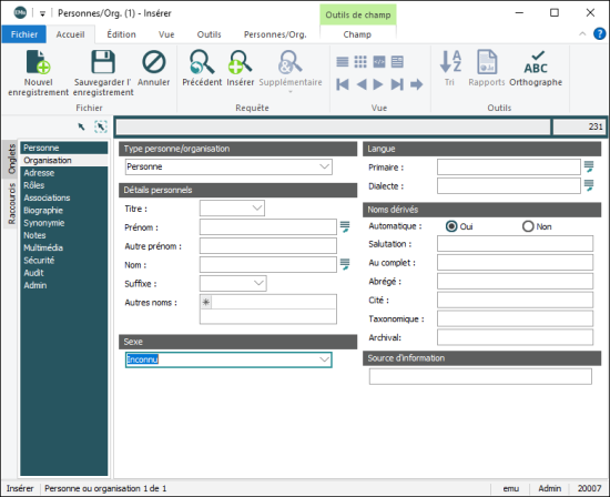 Nouvel enregistrement Personnes /  Org.