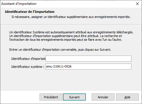 Identificateur de l'Importation