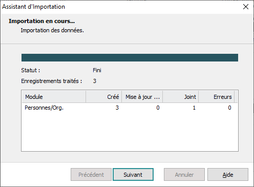 Résumé d'importation